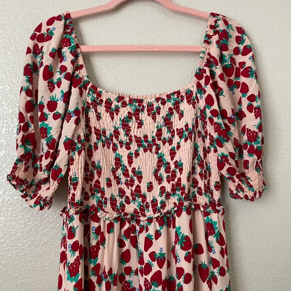 Betsey Johnson Dress Womens Large Pink Strawberry Fruit Print Maxi Cottagecore - Picture 7 of 12